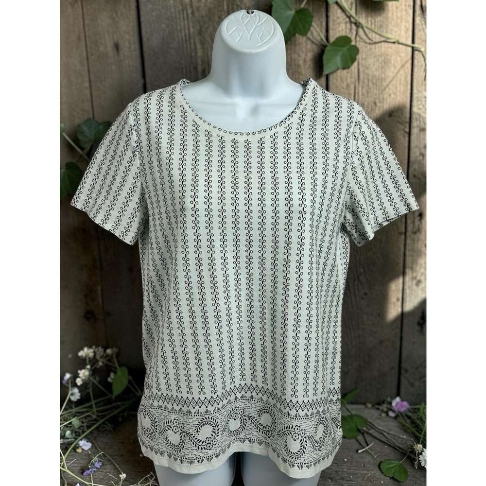 Ann Taylor Factory Black White Blouse Sz M Short Sleeve Top Cotton Blend Floral